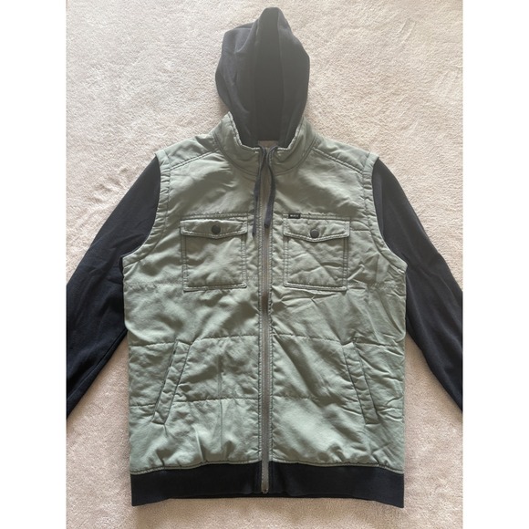 RVCA Olive Green Puffer Vest with Black Sleeves & Hood - Men's Jacket - Picture 1 of 8